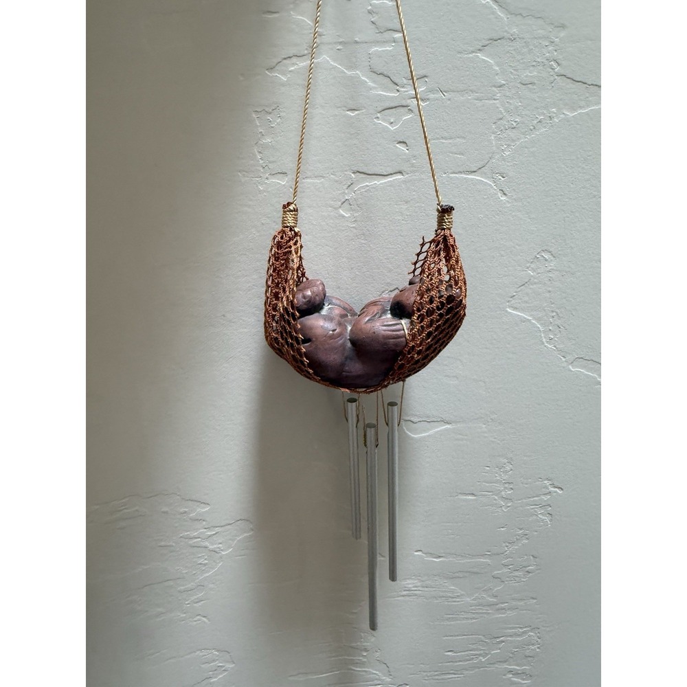Vintage Terracotta Clay Cat Bear in Hammock Hanging Wind Chime Garden Decor